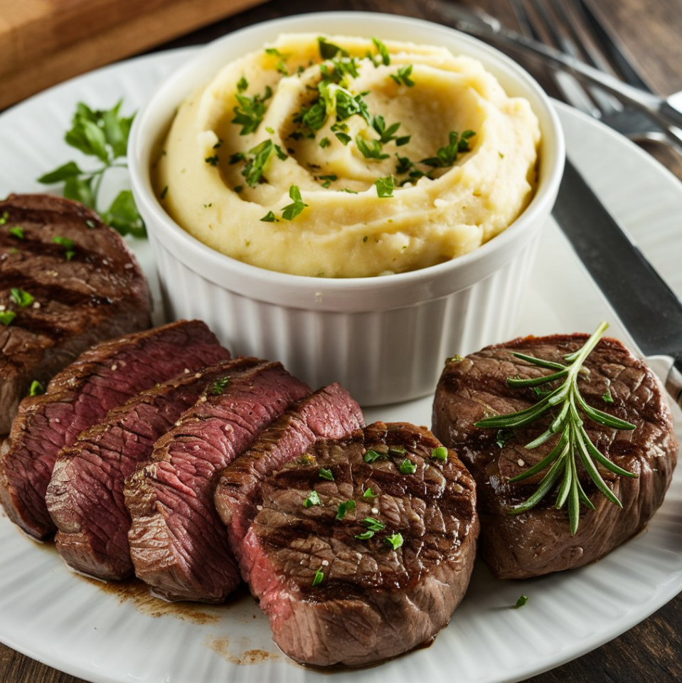 steak with garlic mashed potatoes