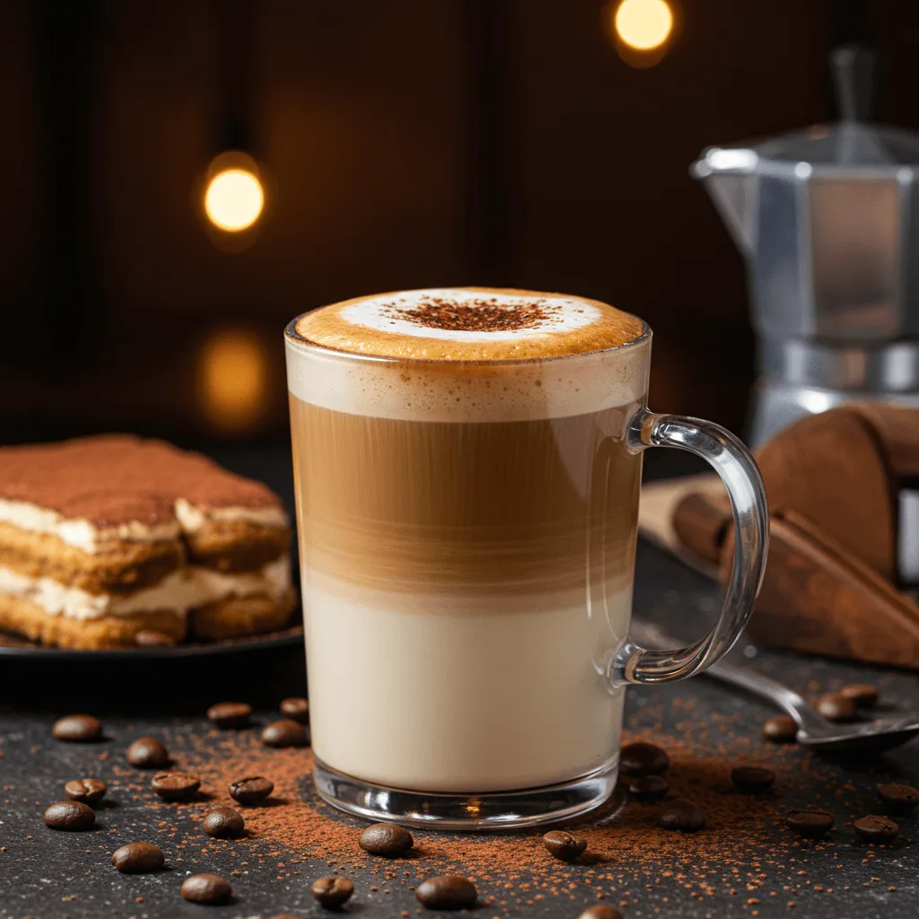 A Tiramisu Latte in a clear glass mug with creamy layers of espresso, milk, and mascarpone foam, dusted with cocoa powder, placed on a wooden table with tiramisu dessert and coffee beans.