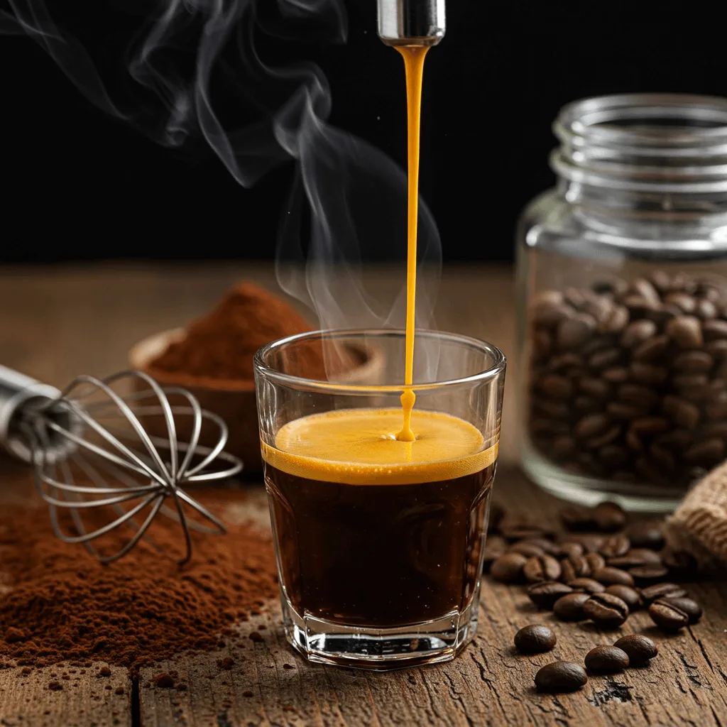 A glass of freshly brewed espresso with golden crema, surrounded by a whisk, cocoa powder, and coffee beans on a rustic wooden surface.