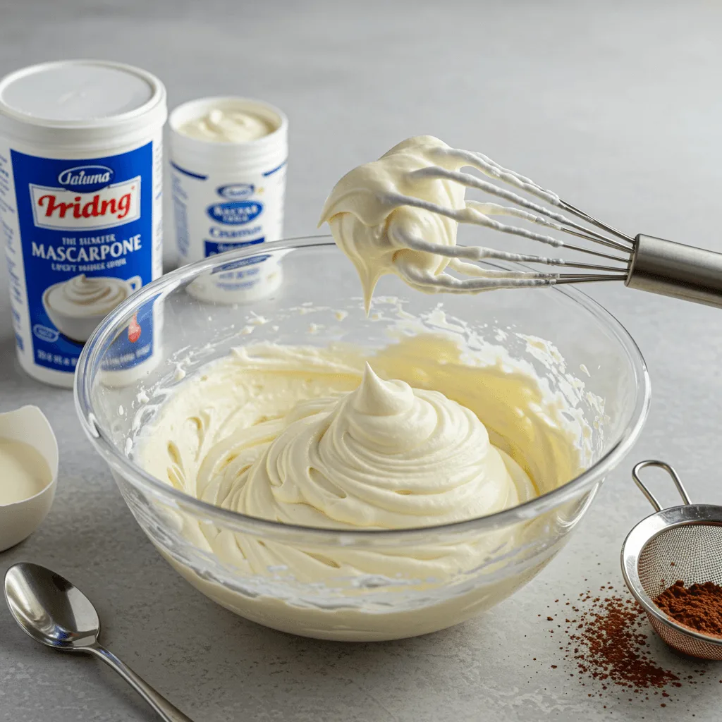 A bowl of mascarpone cream whisked to soft peaks, with powdered sugar and heavy cream nearby, on a sunlit countertop.