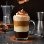 A layered Tiramisu Latte in a clear glass mug with espresso, milk, and mascarpone foam, dusted with cocoa powder, being assembled on a rustic table.