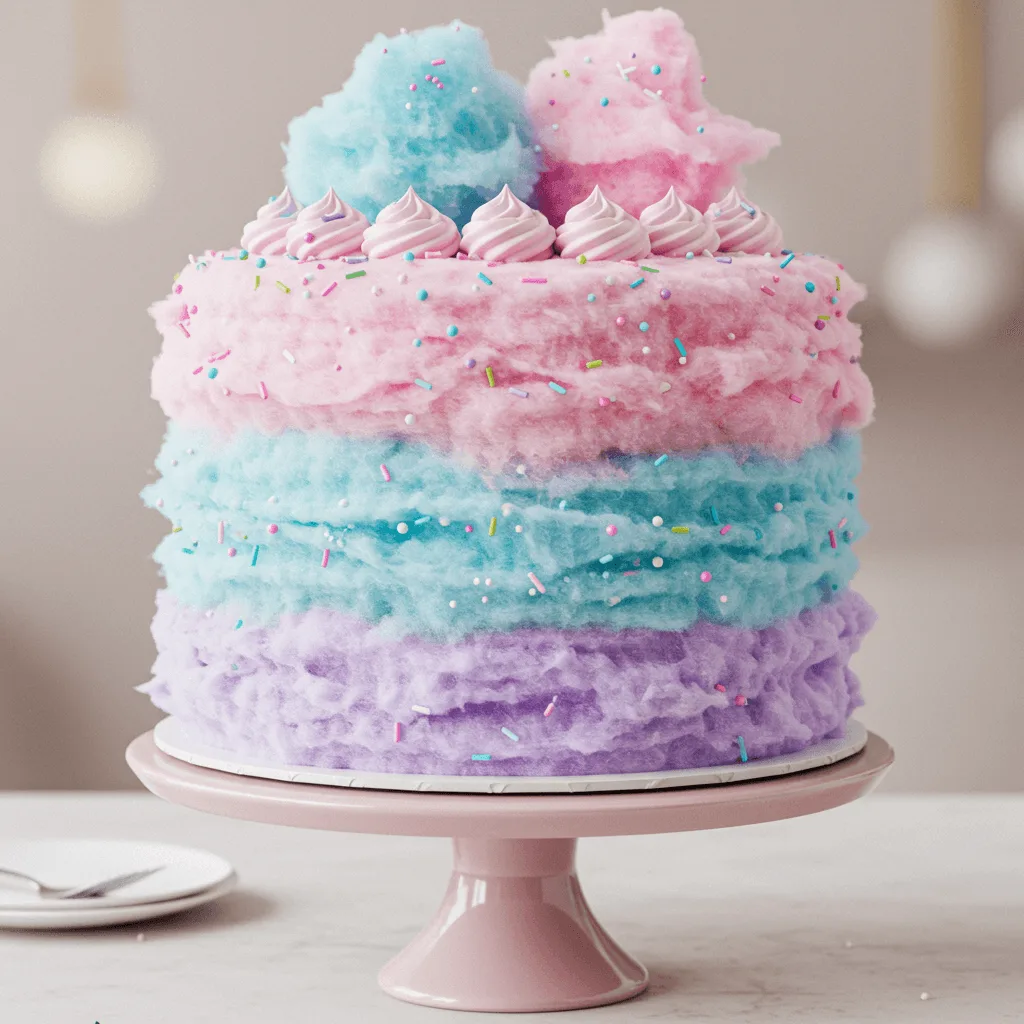 A three-layer pastel cake covered with pink, blue, and purple cotton candy, topped with frosting swirls and colorful sprinkles, displayed on a pink cake stand.