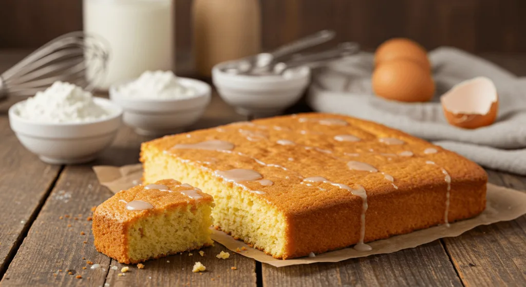 A whole golden-brown kefir sheet cake resting on parchment paper with a whisk, flour, and milk in the background.