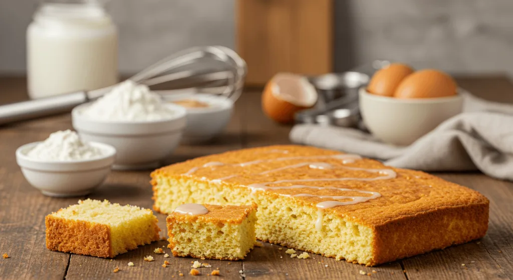 A square cake with a golden crust and light drizzle of icing on a wooden table surrounded by baking ingredients like eggs, flour, and milk.