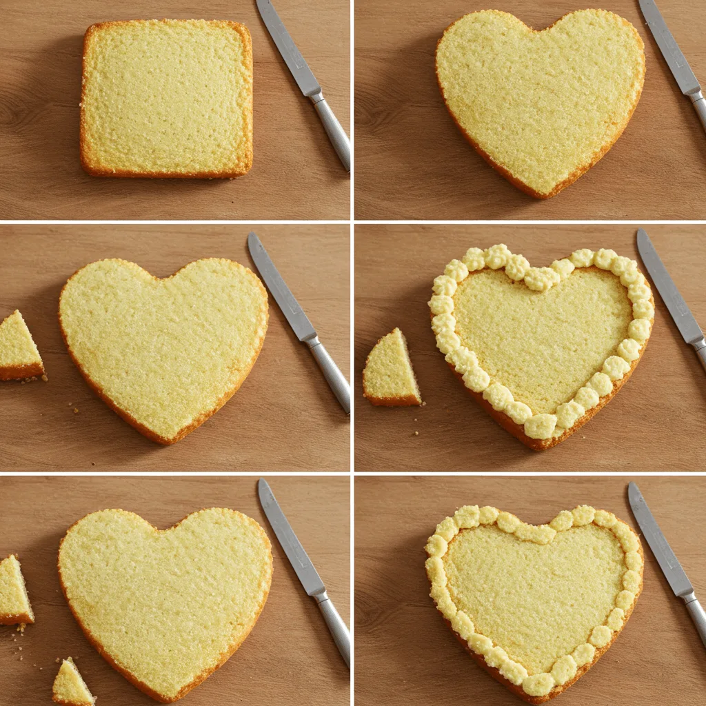 A sequence of images showing how to transform a square cake into a heart-shaped one, with a knife cutting and frosting applied around the heart's perimeter.