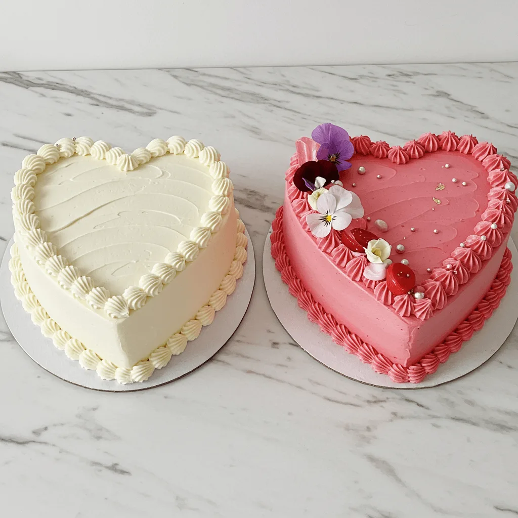 Two cakes on a marble surface. One cake is white with smooth frosting, and the other is pink with floral decorations and pearl-like embellishments.