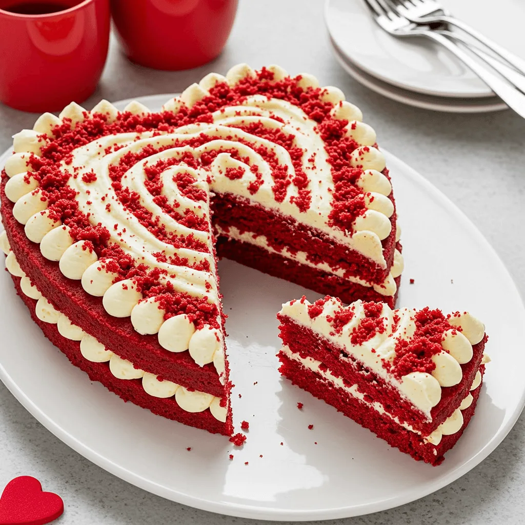 A heart-shaped red velvet cake with white cream cheese frosting and red cake crumbs on top. A slice has been cut, showing the layered interior of the cake.