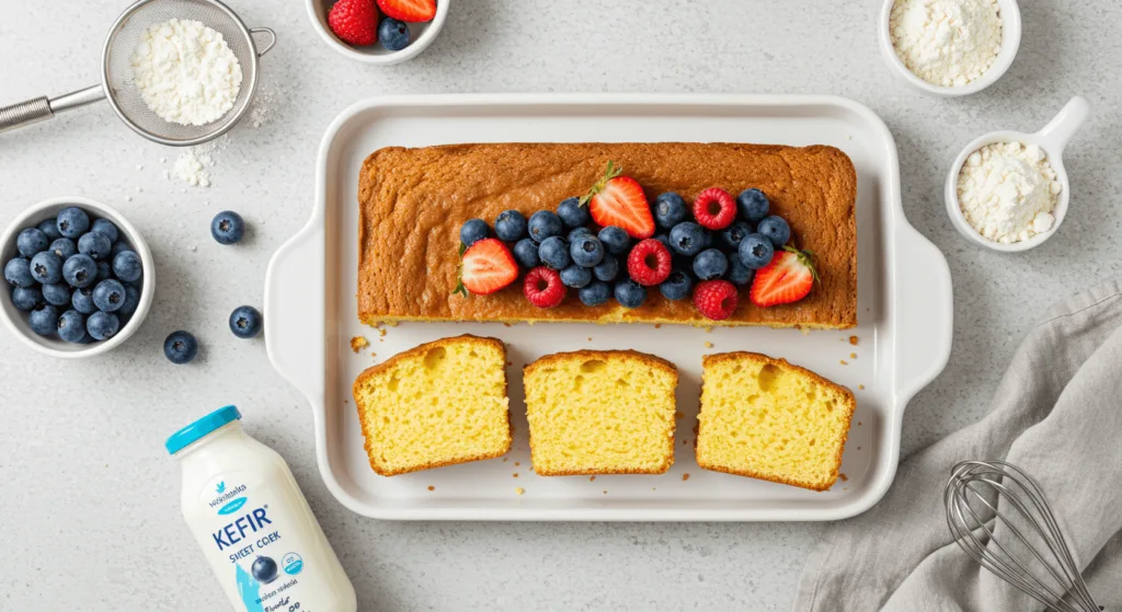 A tangy cake, elevated with a vibrant topping of fresh berries for a burst of flavor.