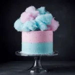 A pastel-colored cake topped with fluffy pink and blue cotton candy, adorned with shimmering pearl-like decorations.