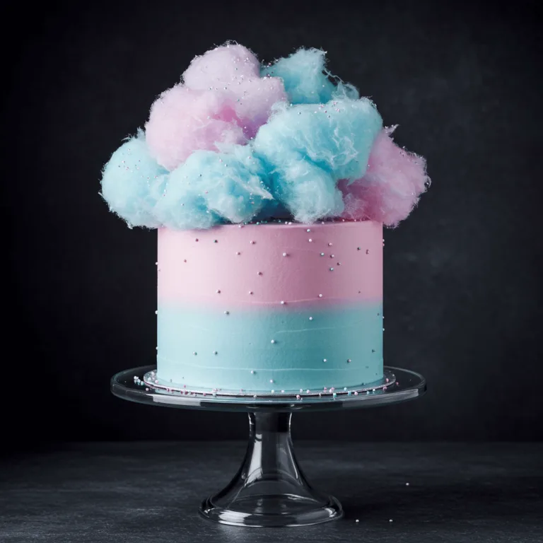 A pastel-colored cake topped with fluffy pink and blue cotton candy, adorned with shimmering pearl-like decorations.