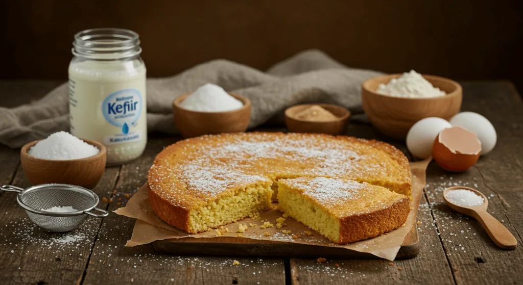 A close-up of a kefir sheet cake slice showing its moist texture, surrounded by eggs, flour, and milk on a wooden table.