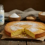 A close-up of a kefir sheet cake slice showing its moist texture, surrounded by eggs, flour, and milk on a wooden table.