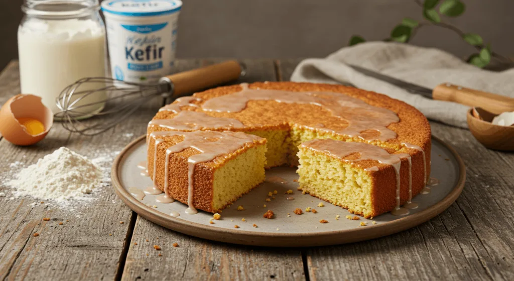 A golden kefir sheet cake with slices cut, displayed on parchment paper surrounded by baking tools and ingredients in a rustic setting.