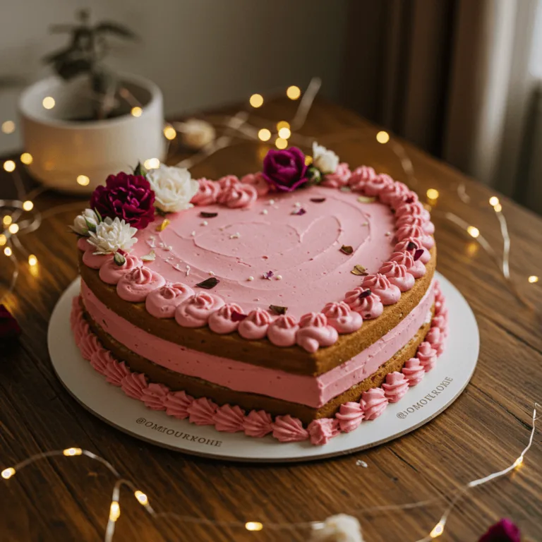 A close-up image of a heart-shaped cake decorated with pink frosting, fresh flowers, and rose petals, placed on a white cake board with lights in the background.