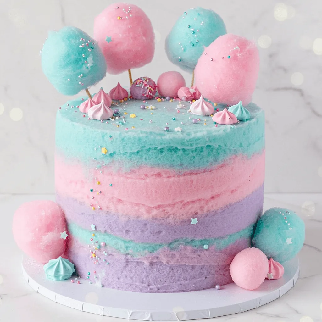 A colorful cake with layers of pastel cotton candy, meringue kisses, and candy decorations in pink, blue, and purple hues.