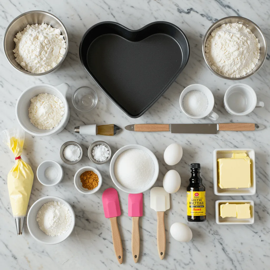 A flat lay of baking ingredients and tools on a marble surface, featuring a heart-shaped cake pan, bowls of flour, sugar, and other baking essentials.