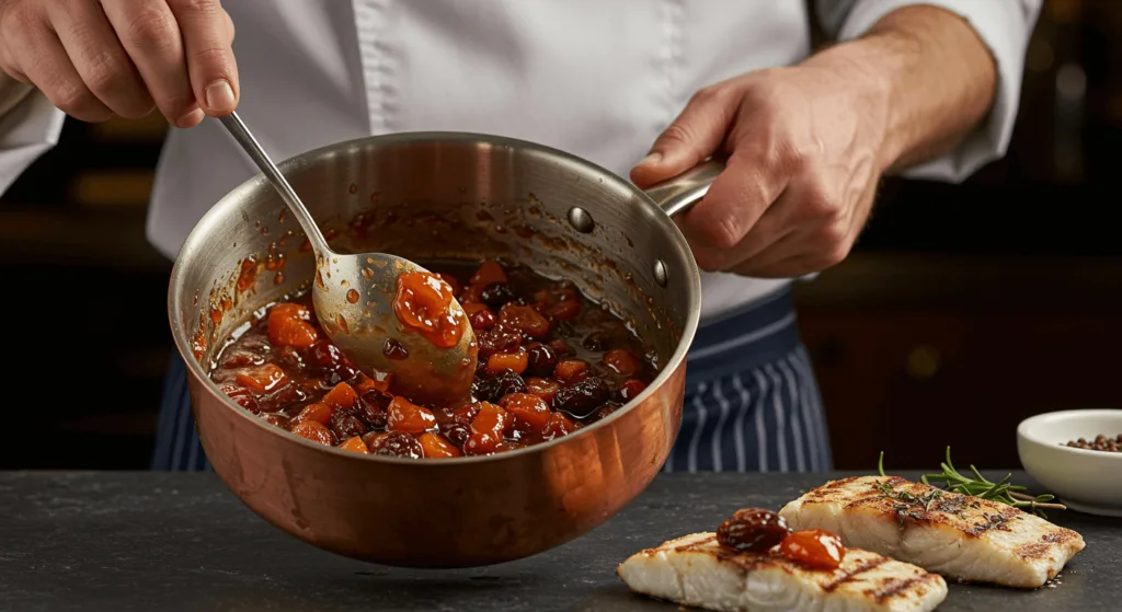 A chef stirring a rich, caramelized fruit sauce in a copper pan, ready to be served over perfectly grilled white fish fillets.