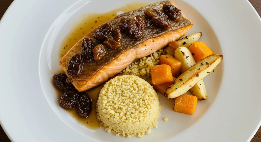 A plated dish featuring seared salmon topped with a raisin sauce, served alongside a portion of couscous and roasted vegetables including carrots, parsnips, and butternut squash.