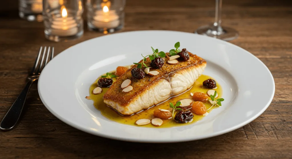 A plated pan-seared fish fillet with a crispy golden crust, drizzled with a rich sauce and garnished with dried fruit, slivered almonds, and fresh herbs.