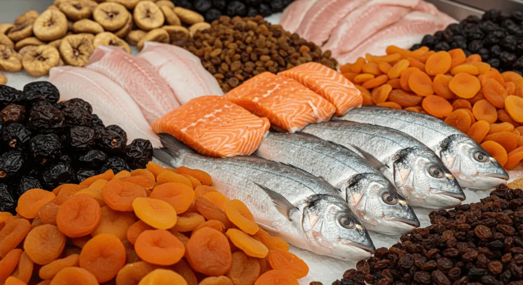 A display of fresh whole fish, salmon fillets, and white fish fillets arranged on ice, surrounded by an assortment of dried fruits including apricots, figs, raisins, and prunes.