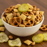 A close-up of Dill Pickle Chex Mix with Chex cereal, pretzels, peanuts, and dill pickle slices.