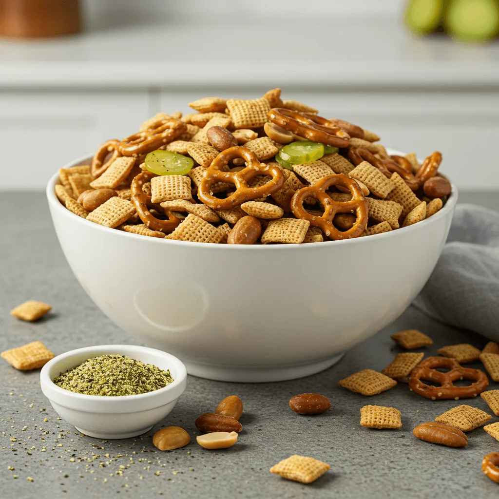 A large bowl of Dill Pickle Chex Mix with ingredients like Chex cereal, pretzels, peanuts, and a jar of dill pickle seasoning.