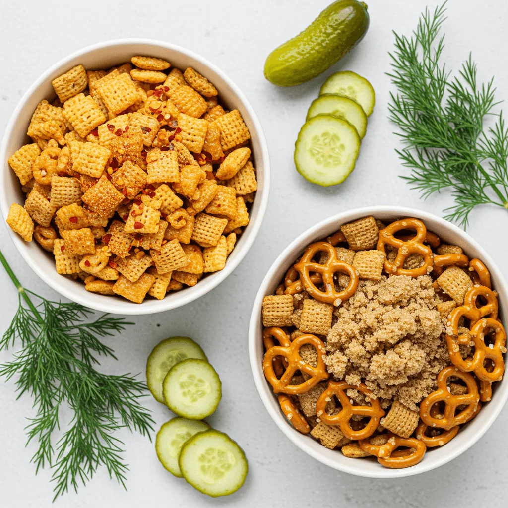 Two bowls filled with snack mixes, one spicy and one sweet, accompanied by cucumber slices and fresh dill.