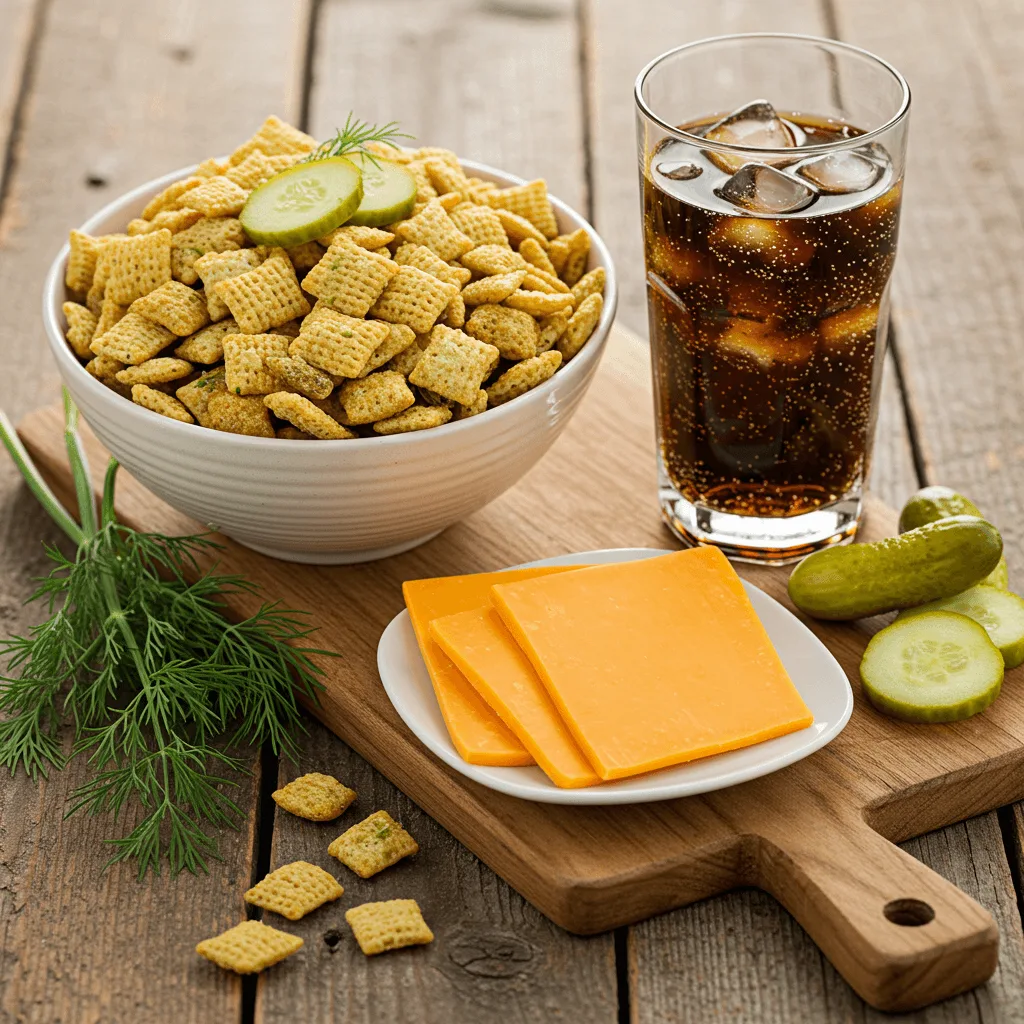 A bowl of crunchy snack mix with pickles, cheese slices, and a glass of cola.