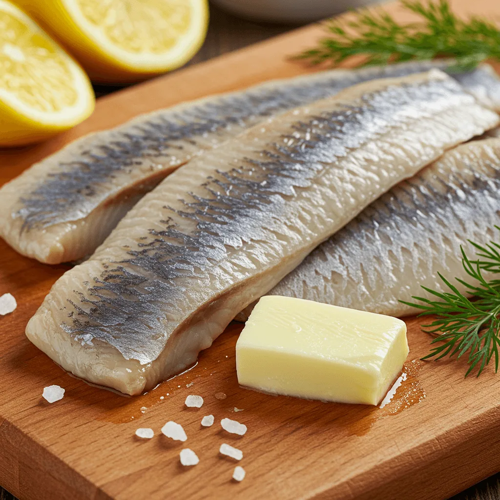 Close-up of fresh Matjes herring fillets on a wooden cutting board, accompanied by sea salt, dill, and lemon slices.