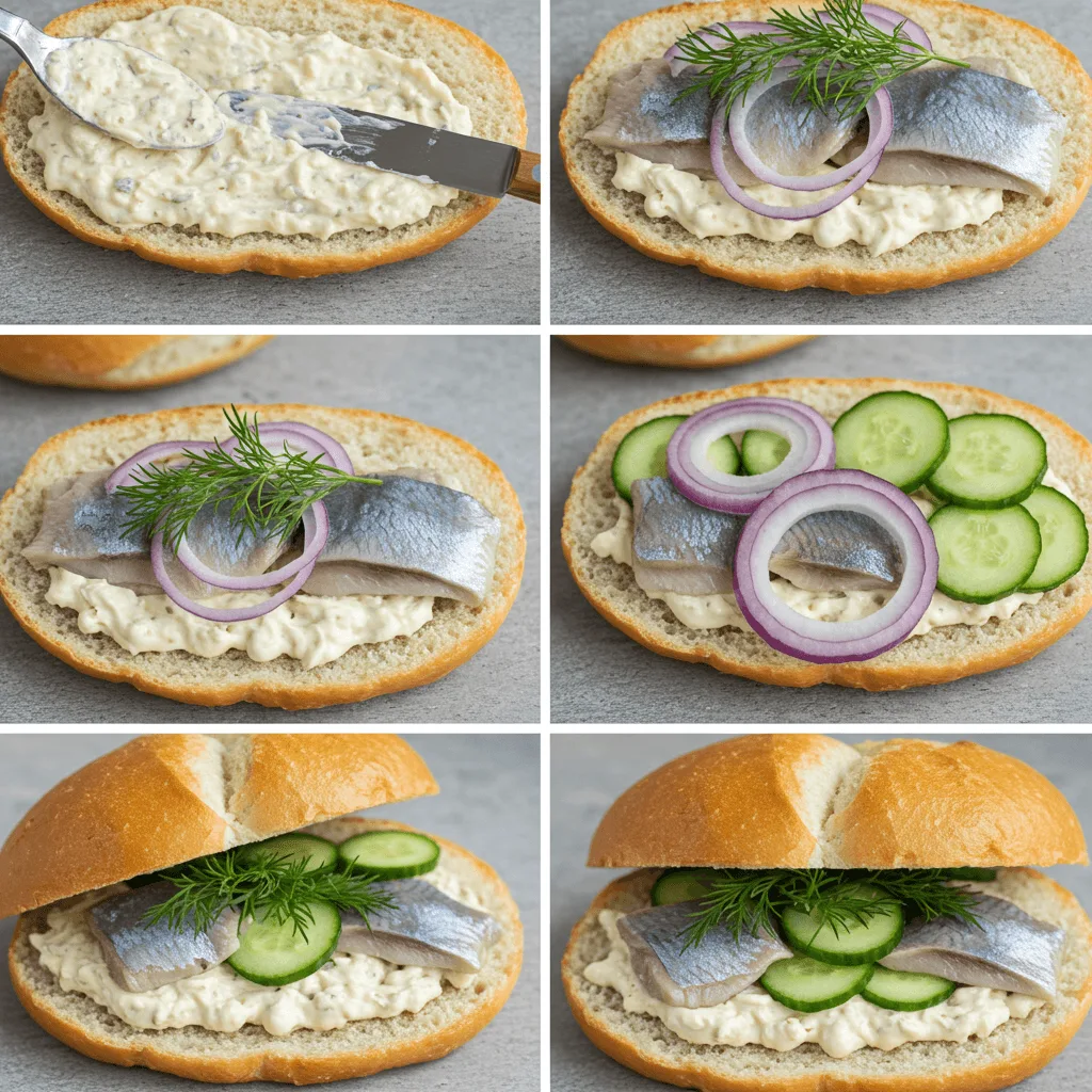 A collage of step-by-step images showing the preparation of Matjesbrötchen, from spreading sauce to adding herring and garnishes.