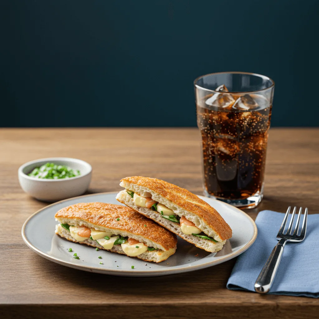 A Matjesbrötchen served with a glass of chilled soda on a wooden table, creating a fresh and satisfying meal.