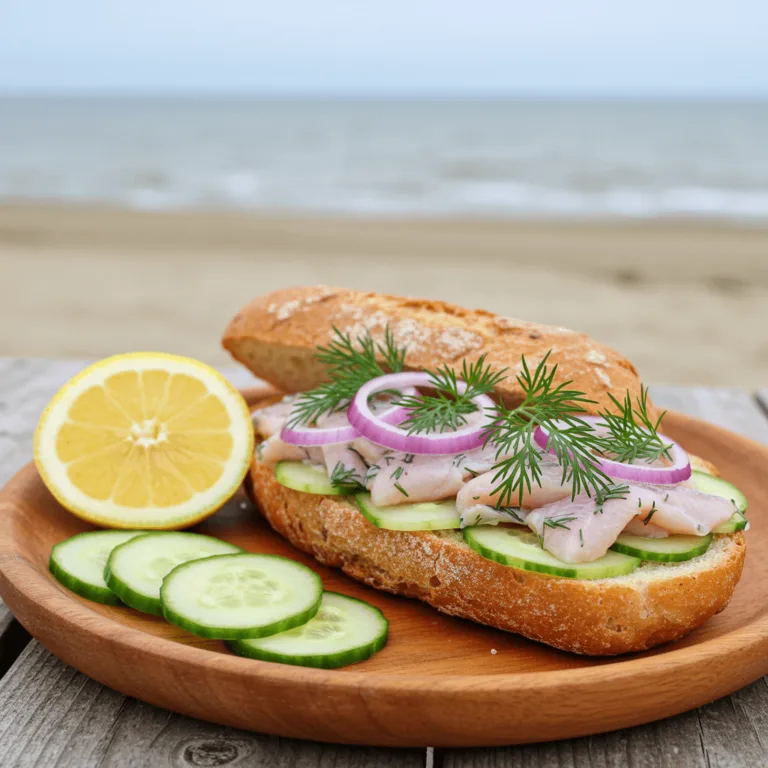 A freshly prepared Matjesbrötchen on a rustic wooden plate, garnished with dill, lemon wedges, and red onions, served with cucumber slices.