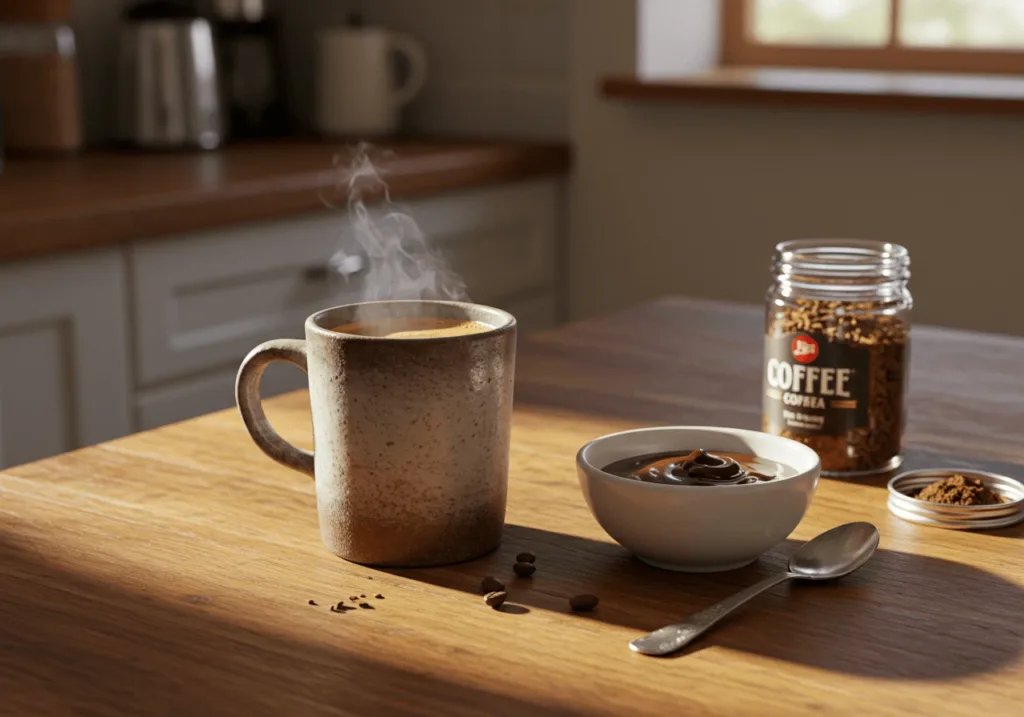 A cozy kitchen scene with brewed espresso cooling on the counter next to a bowl for dipping. A spoon rests beside a small jar of instant coffee powder. preparing for terra massoud recipe