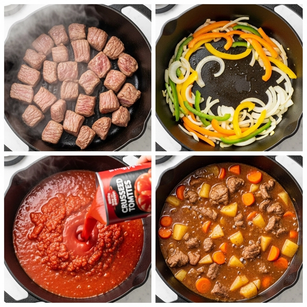 Step-by-step collage: searing beef in a pot, sautéing onions and peppers, adding tomato sauce, and simmering stew with potatoes.