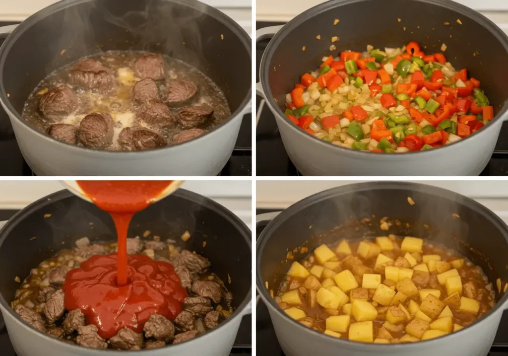 Step-by-step collage: searing beef in a pot, sautéing onions and peppers, adding tomato sauce, and simmering stew with potatoes.