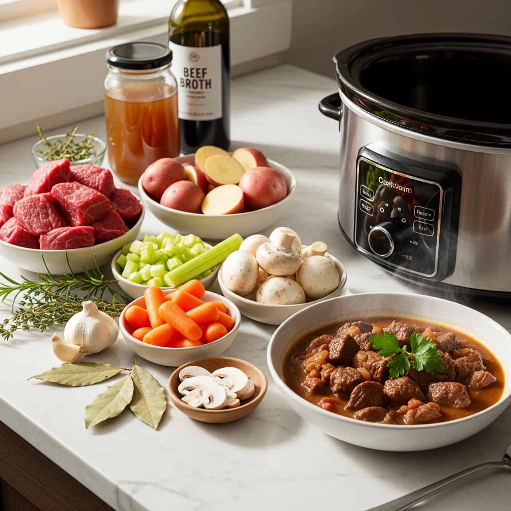 A slow cooker on a kitchen counter with ingredients like beef, potatoes, and spices laid out, and a finished stew ready to serve.