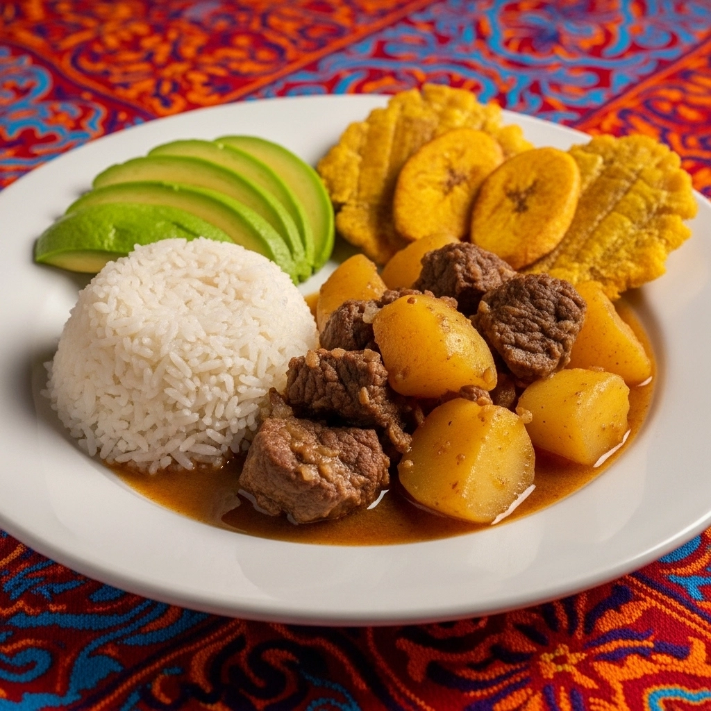 A plated meal featuring Carne Con Papas alongside white rice, fried plantains, and avocado slices, set on a vibrant, patterned tablecloth.