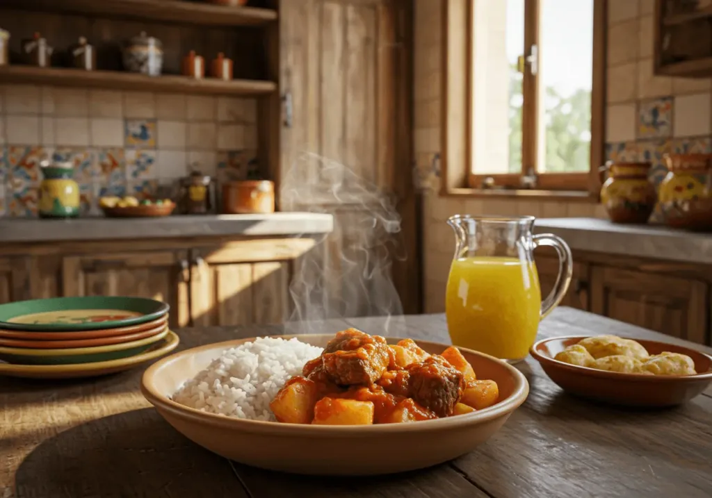 A rustic Cuban kitchen scene with a steaming bowl of Carne Con Papas, showcasing tender beef chunks and potatoes in rich tomato sauce, served with white rice.