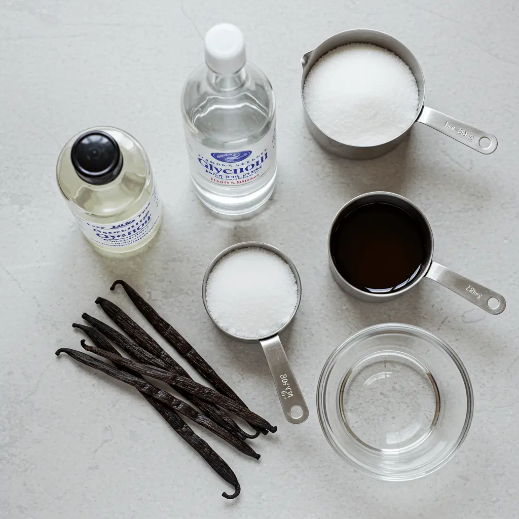 An overhead view of ingredients for vanilla bean paste: split vanilla pods, a bottle of vegetable glycerin, sugar, water, and vanilla extract, arranged neatly on a marble countertop.