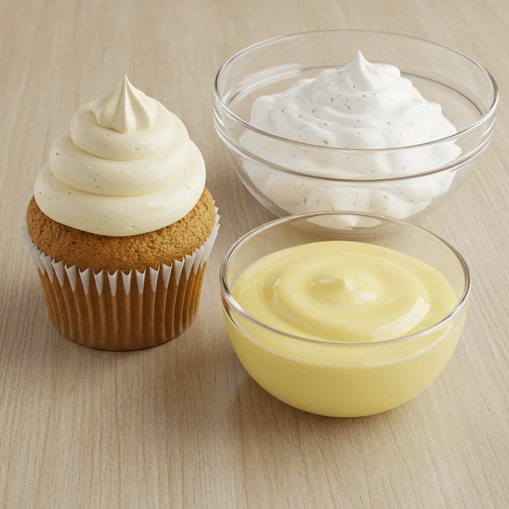 A photo of a cupcake with vanilla frosting, a small bowl of vanilla custard, and a glass bowl of whipped cream with visible vanilla specks, all placed on a light wooden table.