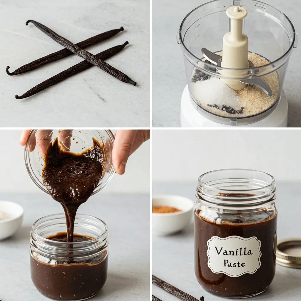 Step-by-step collage of making vanilla bean paste: splitting vanilla beans, blending ingredients in a food processor, and storing paste in a labeled glass jar.