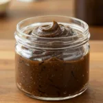 A close-up of a glass jar filled with thick, dark vanilla bean paste showing visible specks, placed on a rustic wooden kitchen surface with a vanilla pod beside it.