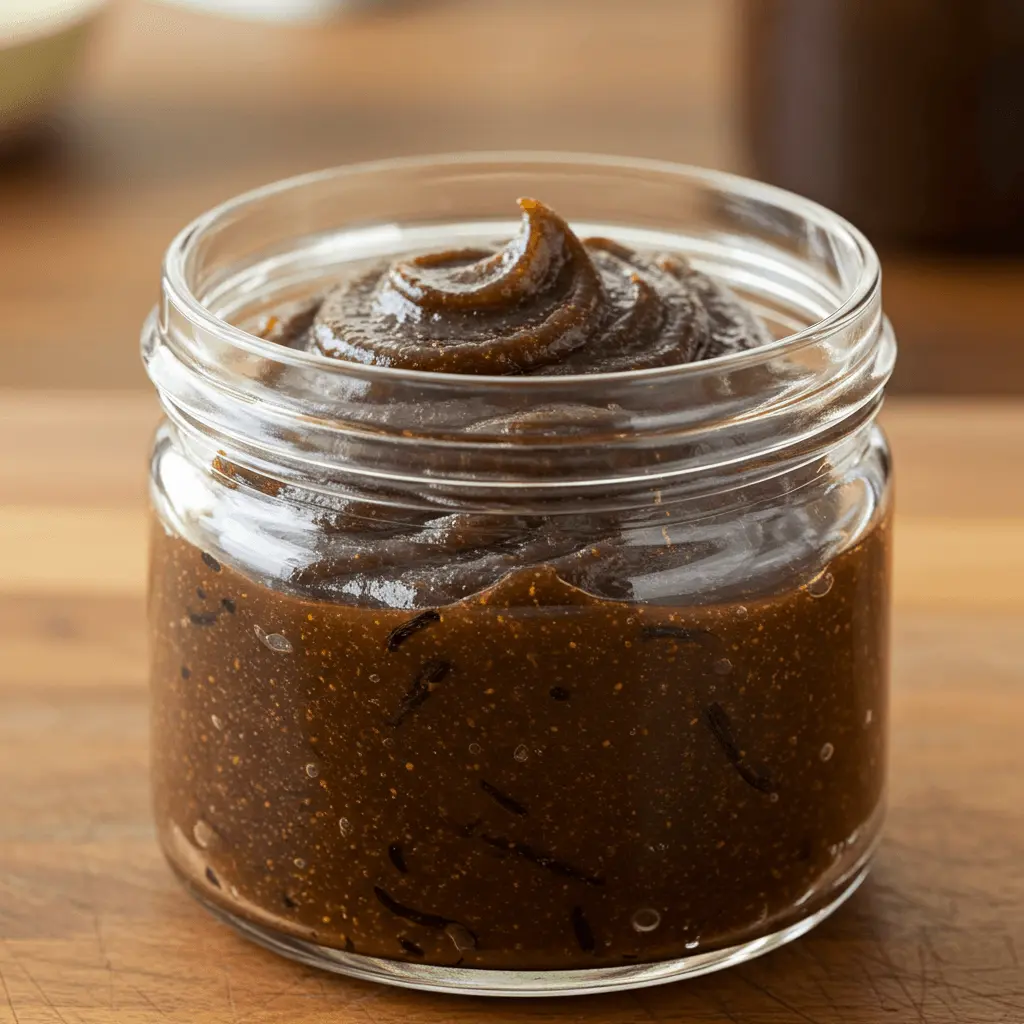 A close-up of a glass jar filled with thick, dark vanilla bean paste showing visible specks, placed on a rustic wooden kitchen surface with a vanilla pod beside it.