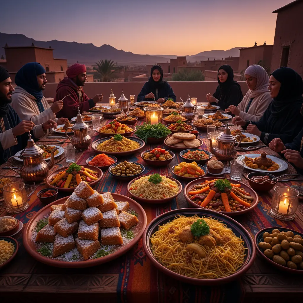 Rechta dish with chicken and pasta, garnished with parsley