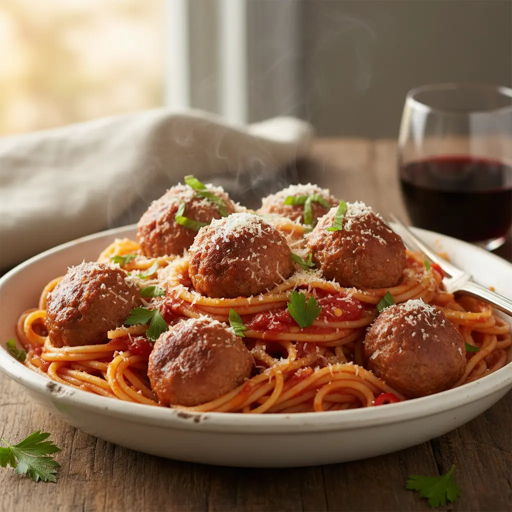 A delicious plate of spaghetti and meatballs with fresh herbs