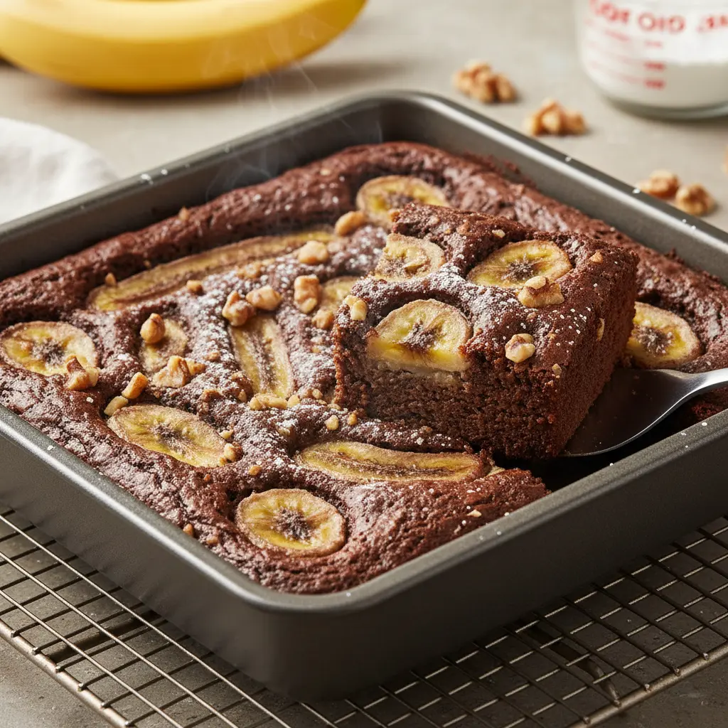Freshly baked banana protein brownies in a pan