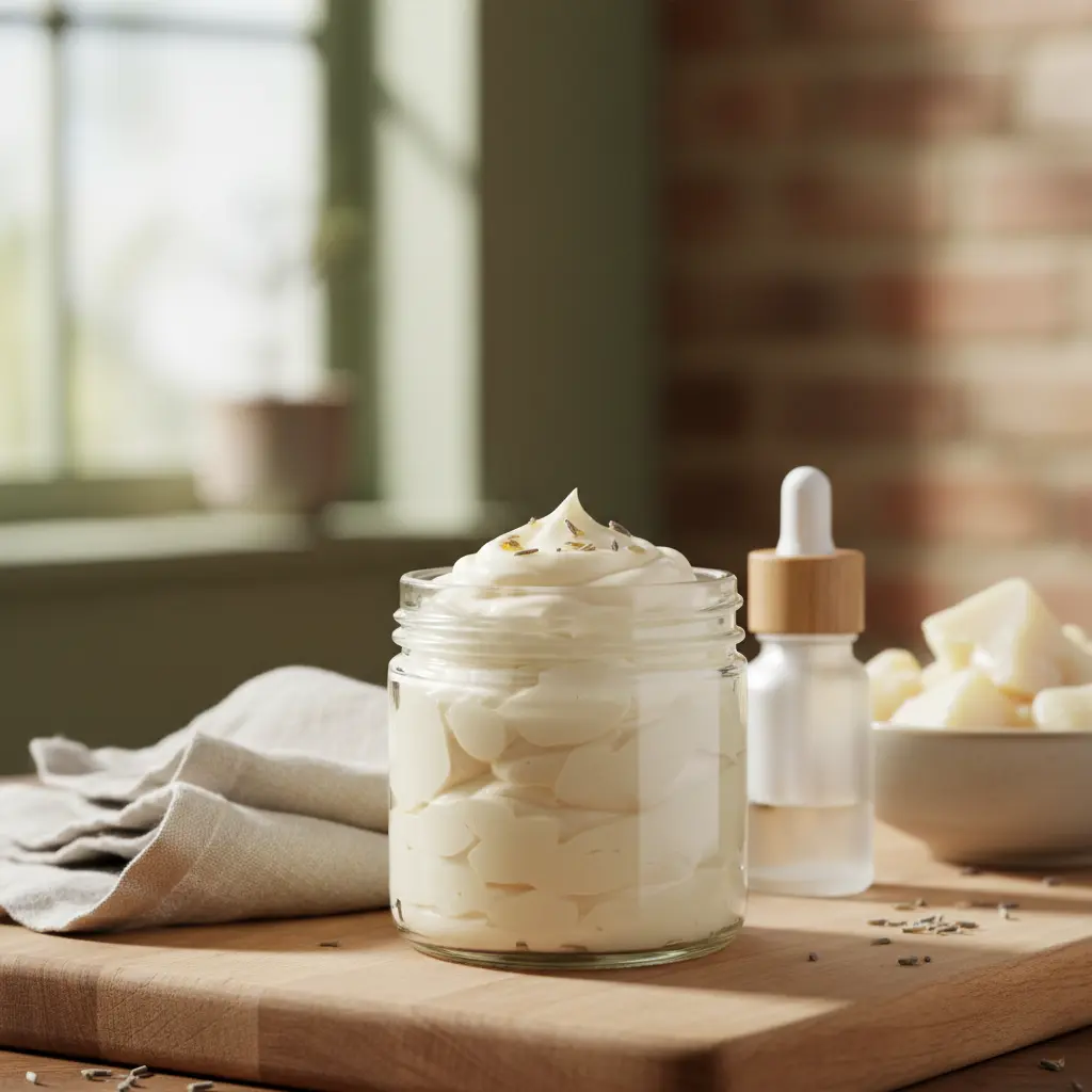 Glass container of whipped tallow with essential oils