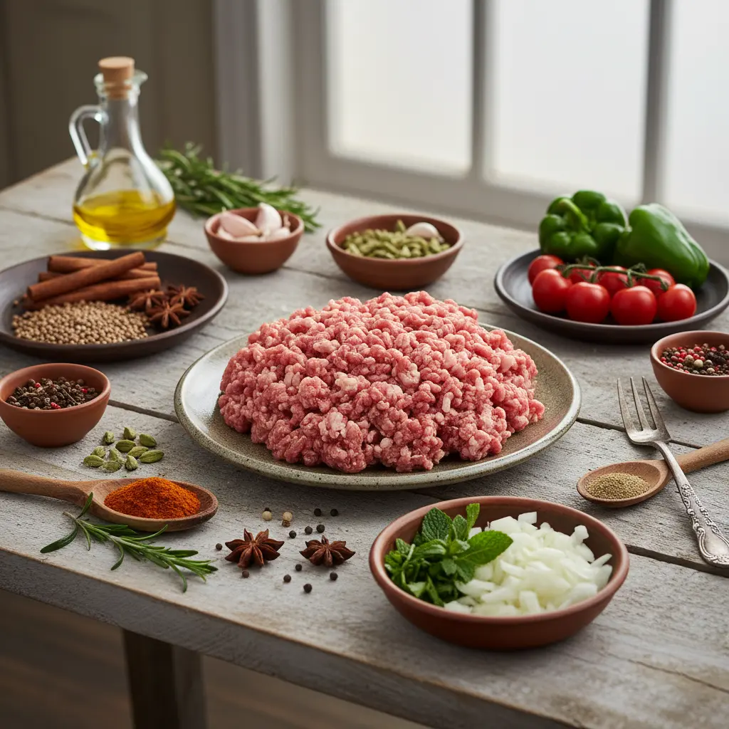 Ingredients for ground goat dish laid out artistically