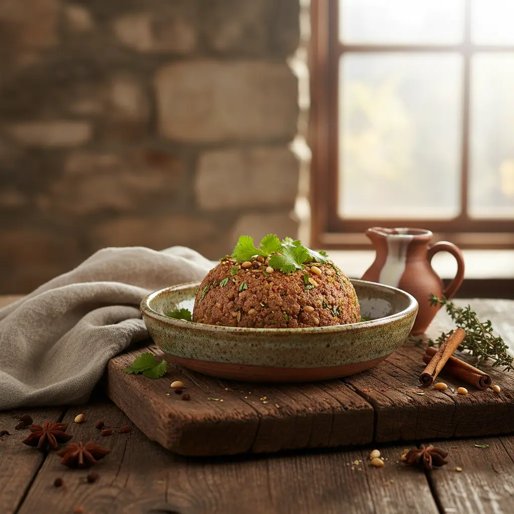 Ground goat dish served beautifully on a rustic table