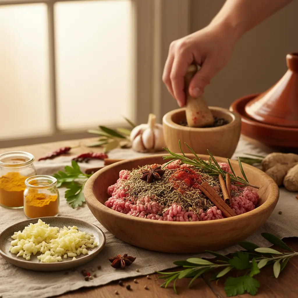 Ground goat preparation in process, involving herbs and spices